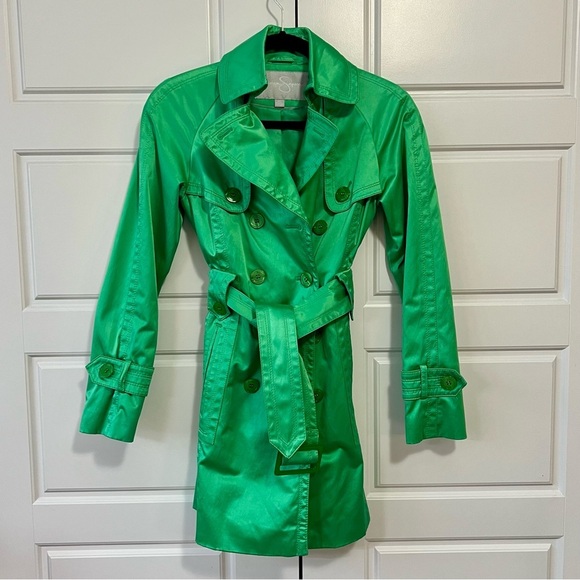 Jessica Simpson Green Double Breasted Trench Coat Belted Unique Piece XS - Picture 4 of 16
